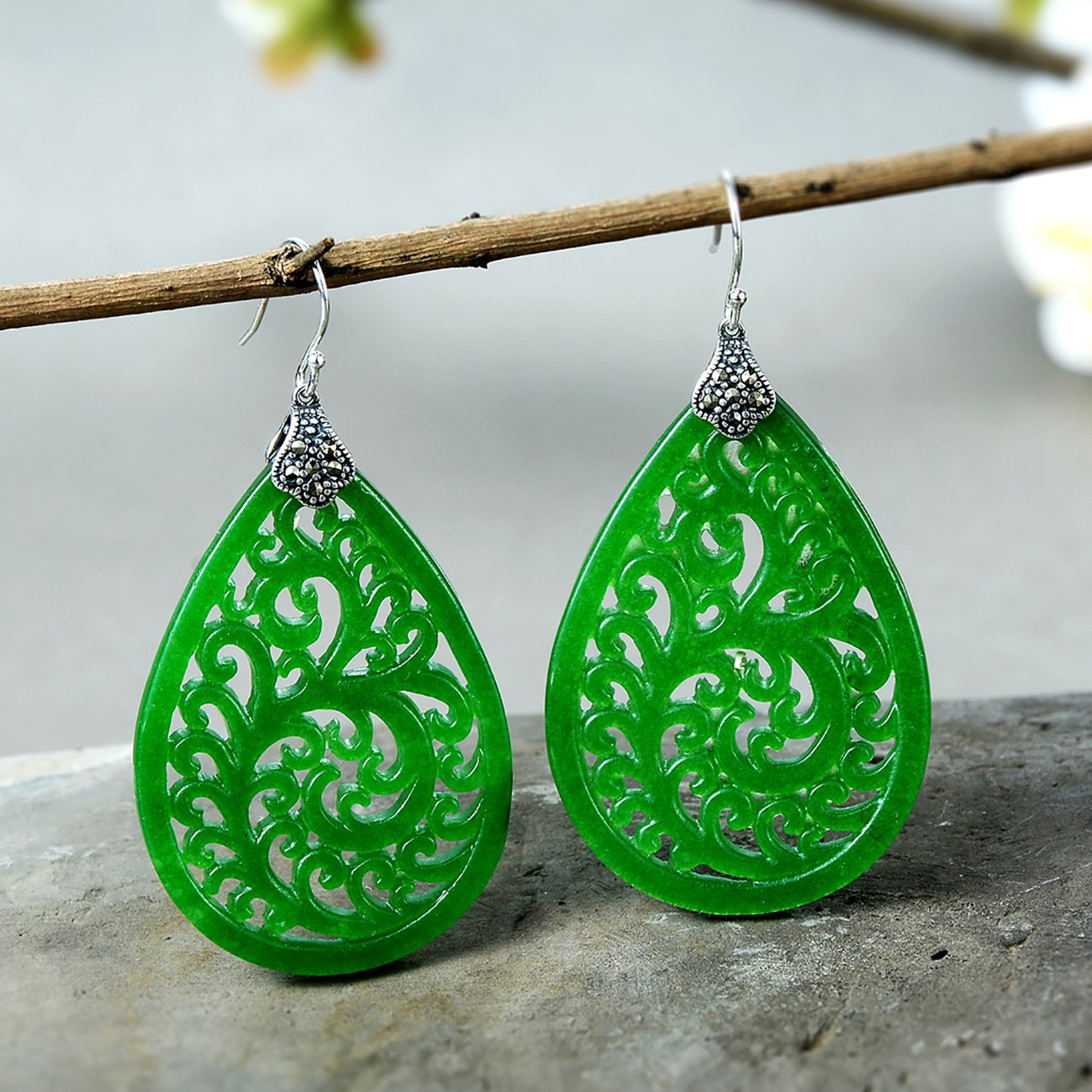 Handmade Engraved Green Jade Drop Dangle Earrings – LUXYIN